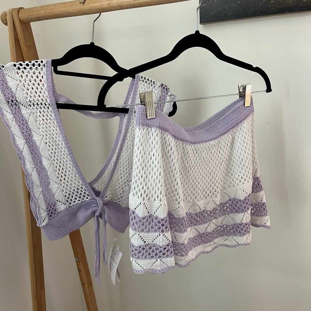 Purple and White Crochet Top and Skirt Set